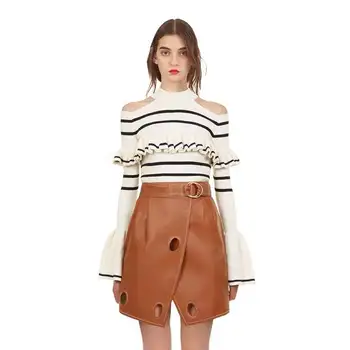 

New Women's Winter Sweaters Self Portrait Sexy Hollow Out Shoulder Ruffles Ladies Striped Pullover Flare Long Sleeve Tops Jumper