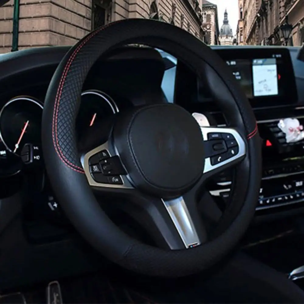 

100% Brand Leather Universal Car Steering-wheel Cover 37CM-38CM Car-styling Sport Auto Steering Wheel Covers Anti-Slip