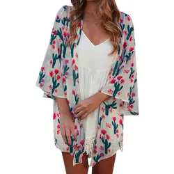 Кимоно, кардиган, Для женщин Летняя шифоновая блуза с принтом яркое с коротким рукавом женские, повседневные, свободные пляжные верхняя