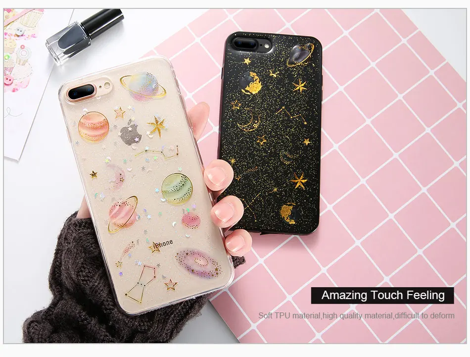 DOEES Phone Case For iPhone 6 6S 7 7 Plus 8 8 Plus Glitter Silicone Case Moon Planet Pattern Transparent Cover For iPhone 6 7 8 (4)