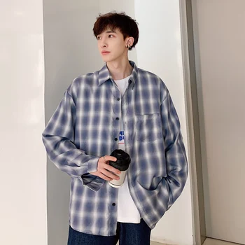 

Spring New Social Men Shirt Business Casual Plaid Shirt Man Streetwear Wild Loose Long-sleeved Shirt Male Large Size M-5XL