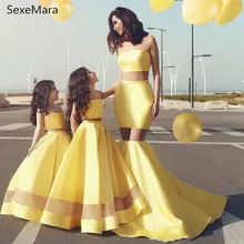 Новинка; желтое Пышное Платье для девочек; Атласное Бальное Платье с двумя изображениями; платье для мамы и дочки; детское праздничное платье; размер на заказ