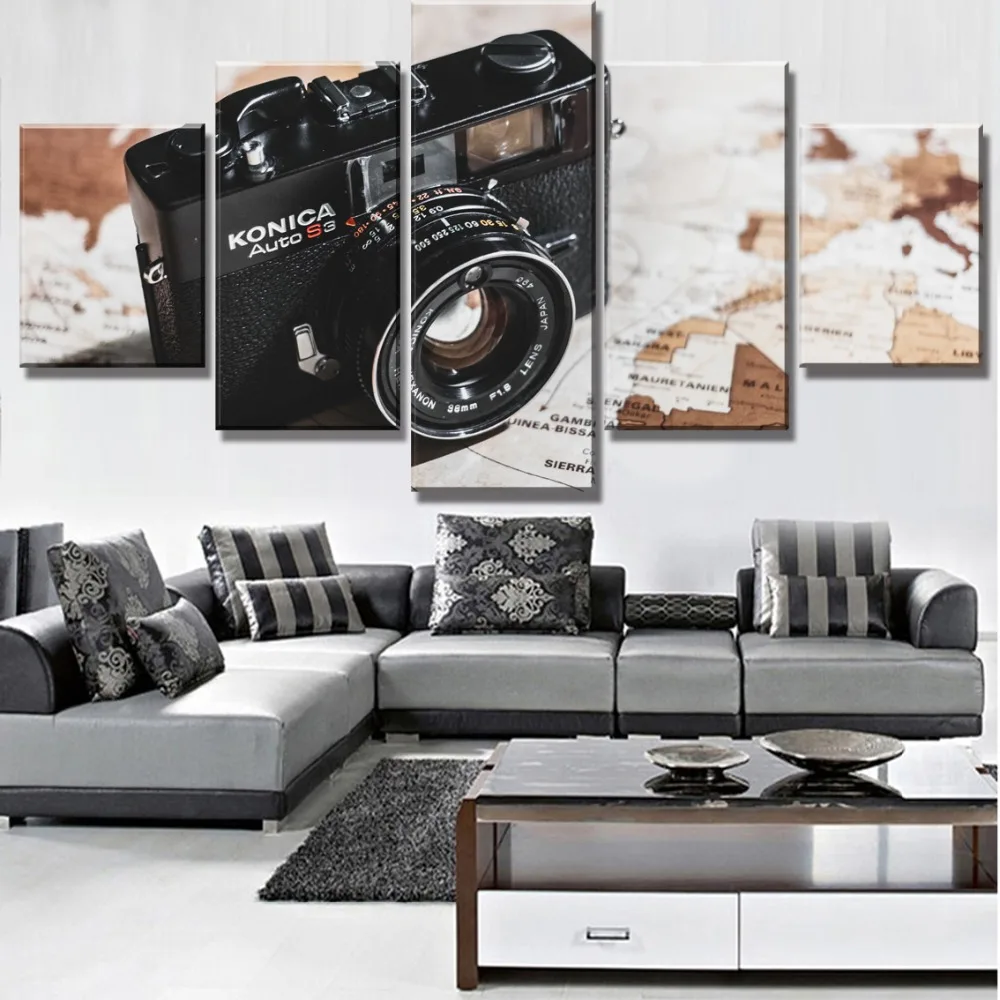 

Wall Artwork Home Decoration Canvas Painting 5 Panel Traveling Camera Map Pictures Printed Modular Poster For Living Room Frame