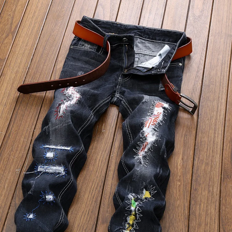 2018 HIP HOP Hot MOTO Biker Fashion Men Washed Ripped Destroyed Holes Jeans Straight Casual Straight Denim Trousers 