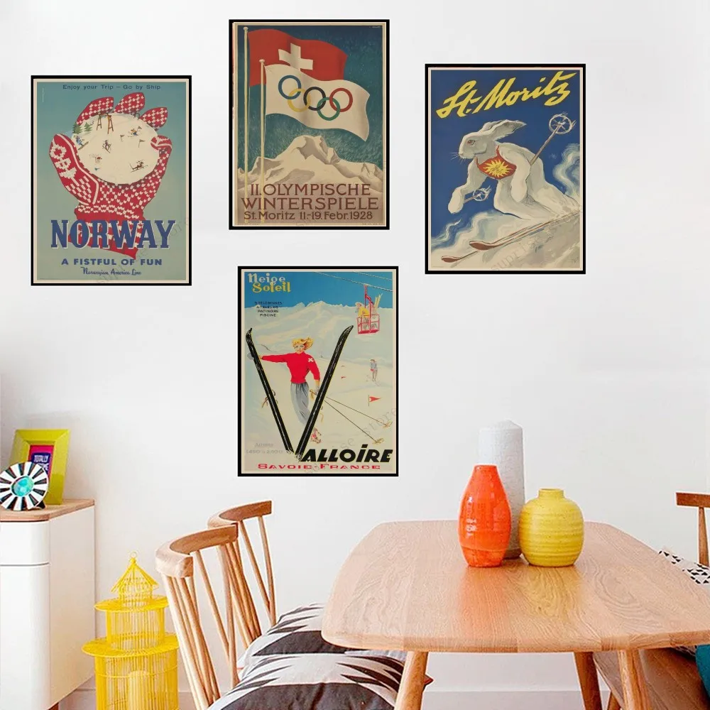 

Skiing Travel Les Alpes Ski Propaganda Retro Vintage Canada Kraft Poster Decorative DIY Wall Sticker Home Bar Posters Decoration