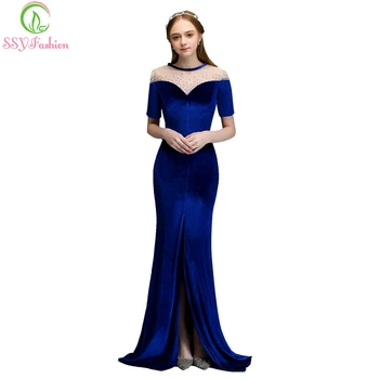 

Clearance Evening Dress The Elegant Banquet Velour Blue Short Sleeves Long Mermaid Prom Party Gown Robe De Soiree