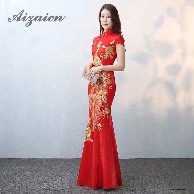 Женское винтажное платье Ципао Qipao красное традиционное вечернее с вышивкой в