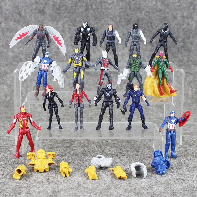 16pcs set Super Heroes The Iron Man Captain America Spiderman Ant Man Black Panther PVC Action