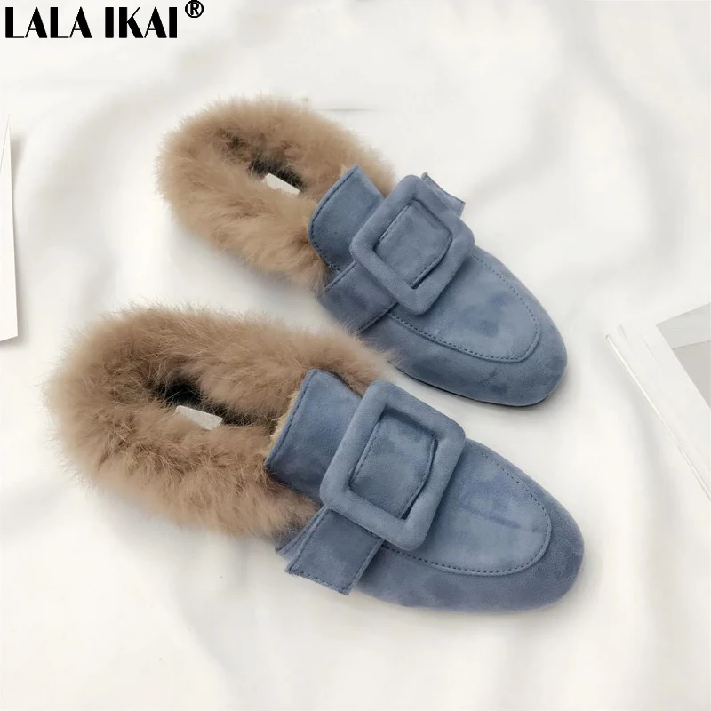 

LALA IKAI Women Winter Flats Square Toe Slip-on Buckle Decoration Slingbacks Ladies Casual Shoes Fashion Warm slippers XWA2959-5