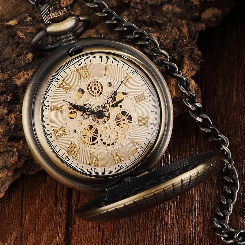 Vintage Wood Circle Carved Number Dial Mechanical Pocket Watch Men Unique Hollow Steampunk Bronze M