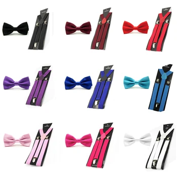

Mens Solid Color Pre-tied Stain Bow Bowtie Stretch Y-Shape Suspenders Braces Set SETBW0015