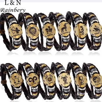 

Rainbery Fashion Charm Jewelry Bronze Alloy 12 Zodiac Leather Bracelet Punk Wooden Beads For Women & Men Multilayer Faci