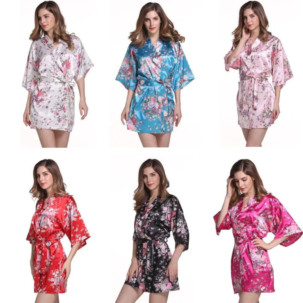 

Soft Sleepwear Robe Cherry Blossoms Female Kimono Bathrobe Women Satin Nightgown Nightdress Homewear New