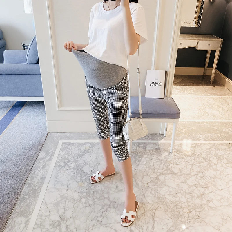 Летние брюки для беременных женщин с карманами, обтягивающие капри до середины икры для беременных, модные растягивающиеся Брюки для беременных