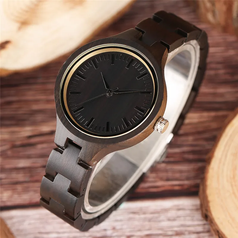 Топ роскошные женские часы из натурального черного дерева ручной работы, тонкий браслет, кварцевые часы, рождественские подарки, Reloj de madera