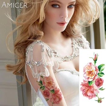 

1 piece flash henna tattoo fake temporary tattoos stickers hand painted rose flowers arm shoulder tattoo waterproof women