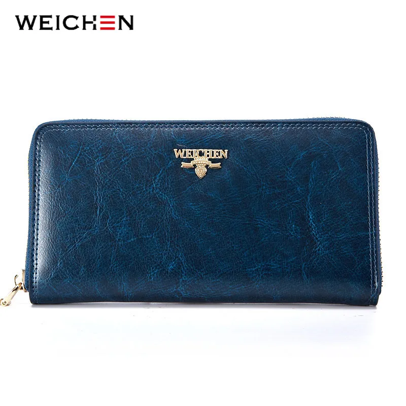 

WEICHEN Vintage Genuine Leather Women Long Wallet Zipper Purse Coin Wallet Female Designer Money Bag Brand Wristlet Carteiras