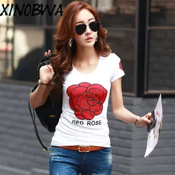

Europe New Women Summer High Street Fashion Sexy Slim Rose Floral Print T Shirt Tops Female Plus Size Casual Shirts Ladies Tees