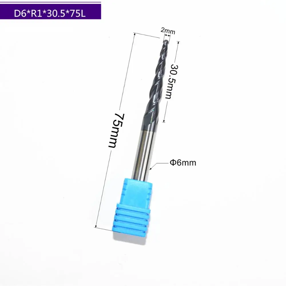 Концевая фреза HRC55 твердосплавная D6 * R1 30 5 75L TiALN с коническим шариковым