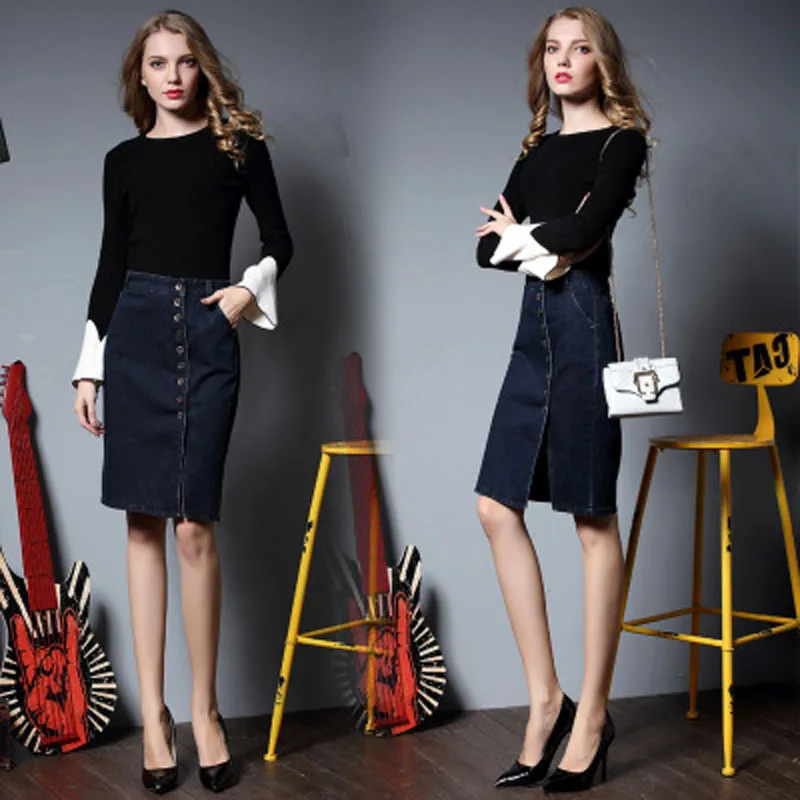 

Spring 2019 New Euro-American Style Super Size Women's Jeans Long Skirt with Line Button and Half Body Button Skirt