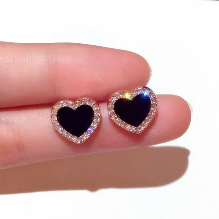 

New Korean Fashion S925 Silver Black Heart Shape Rhinestone Stud Earring Boutique Women Gift