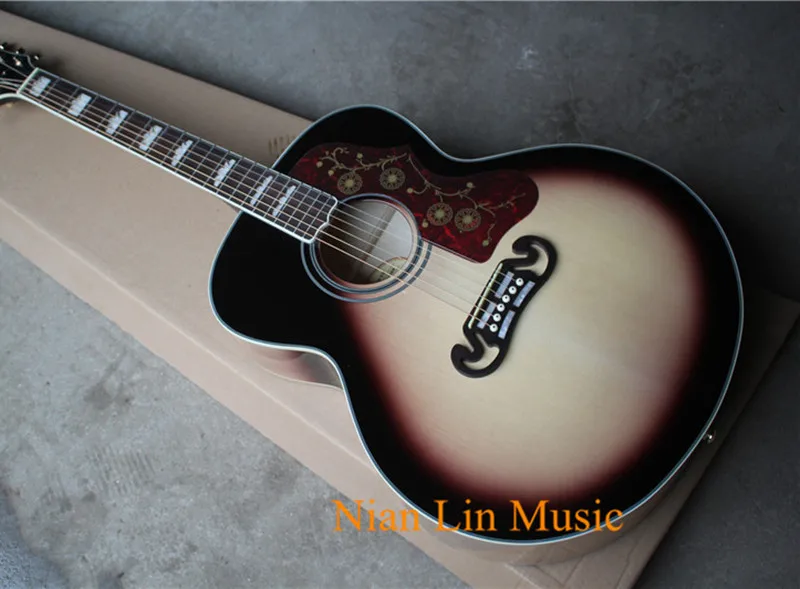 

43 Inch Acoustic Guitar,Vintage Color,Color Red Pickguard,Mahogany Neck,Abalone Fret Marks Inlay and can be Customized