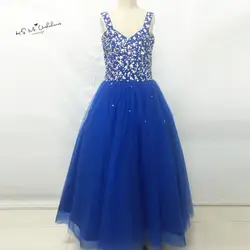 Vestidos infantis Royal Blue младший Подружкам невесты бальное платье с цветочным узором для девочек Кристалл Кружево ребенок дня рождения для