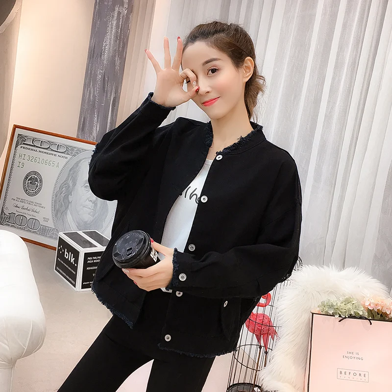 

2019 Autumn New Korean Style Stand Collar Embroidery Black Denim Jacket Female Long Sleeve Jeans Coat Women QH488