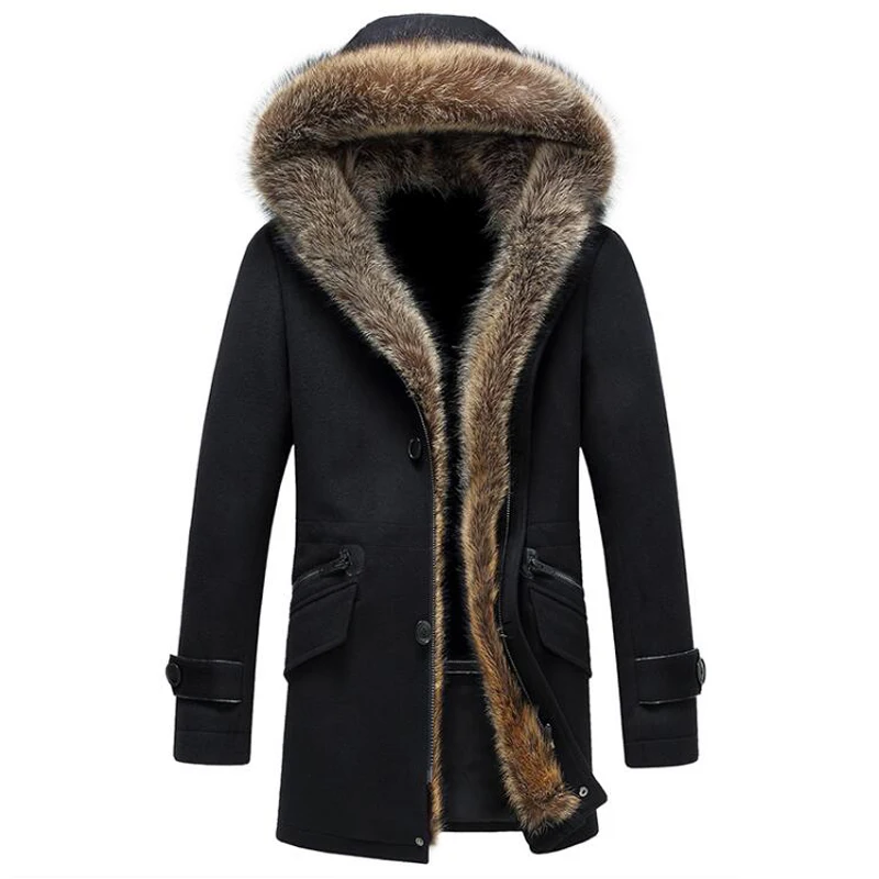 Men's Fur Coat Luxury Raccoon Fur Collar Hooded Parka Men Romovable Fur