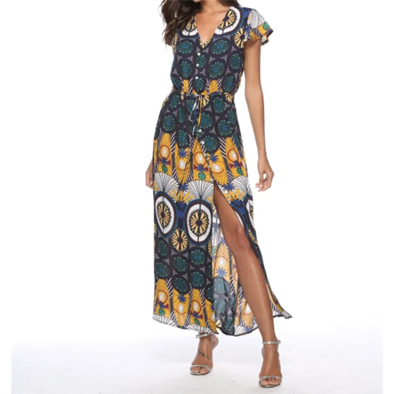 New Women Summer Bohemian Printed V-neck Print Dress Beach Holiday Fashion Casual Elegant Party Dress vestidos #4A26 (6)