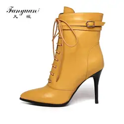 Fanyuan/Черные женские ботильоны классические Дизайн бренд Пояса из натуральной кожи Обувь платформы пикантные туфли-лодочки на высоком