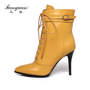 

Fanyuan Black Women Ankle Boots Classic Design Brand Genuine Leather Shoes Platforms Sexy High Heels Pumps Zipper Short Boot