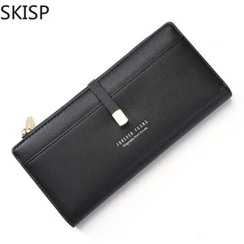 

Wristband Women Wallets Black Coin Cell Phone Pocket Ladies Clasp Clutch Purses Female Long Wallet Carteras High Quality Solid