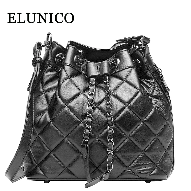 

ELUNICO Luxury Handbags Women Bags Designer Plaid Chains Bucket Shoulder Bag Lady Real Genuine Leather Messenger Bag Sac A Main