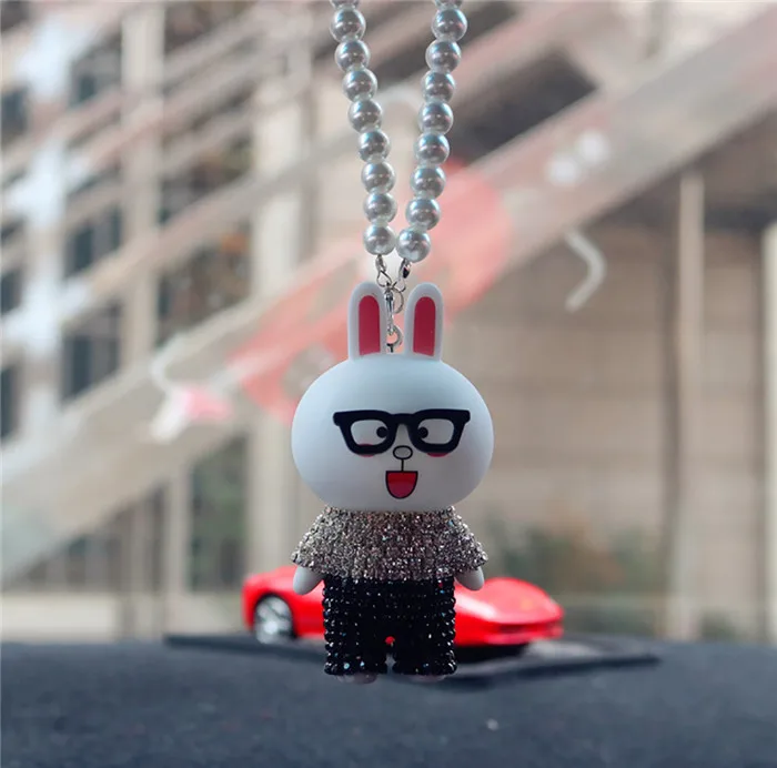 Автомобильный кулон Мишка со стразами очки для кукол кролик украшения Висячие украшения милые АВТОМОБИЛИ зеркало заднего вида Подвеска Декор подарок - Название цвета: Rabbit-White beads
