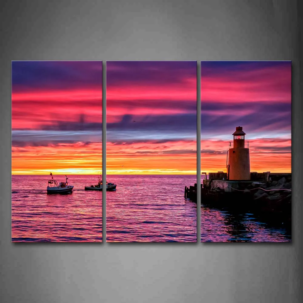 

Framed Wall Art Pictures Sunset Boats River Lighthouse Canvas Print City Modern Poster With Wooden Frame For Living Room