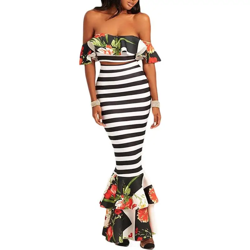 Liva girl 2017 Women Striped & Floral Printed Two Piece Set Sexy Elegant Party Ruffles Crop Top & High Waist Mermaid Skirts Set