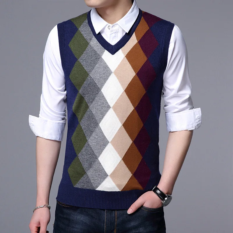 2018 Autumn Winter Casual Sleeveless Sweater Men Plaid Pullovers