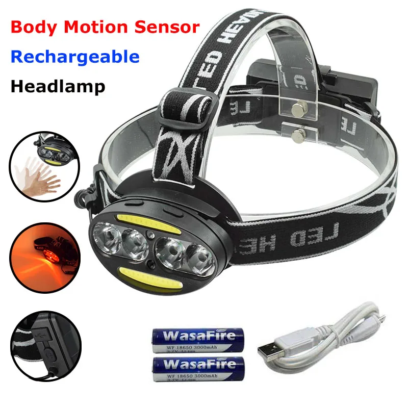 

Body Motion Sensor LED Headlamp Frontal USB Flashlight Headlight 7 Modes 6 LEDs Head Torch Rechargeable Light use 18650 Battery