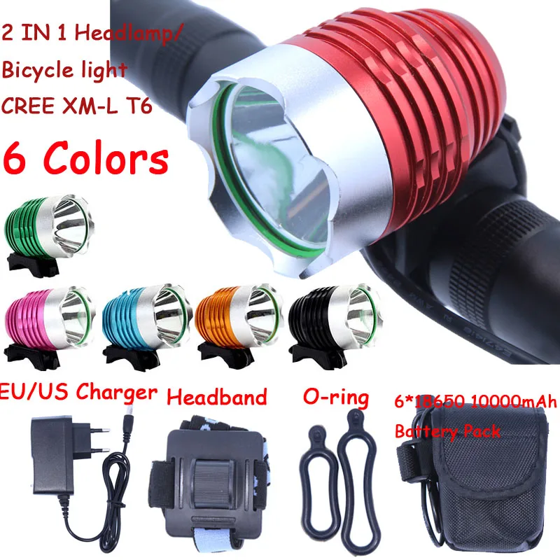 Лидер продаж 1800 люмен супер яркий XML T6 светодиодный велосипед светильник головной светильник Водонепроницаемый 3 режима светодиодный велосипедный светильник налобный фонарь 6 видов цветов - Цвет: Red 10000mAh