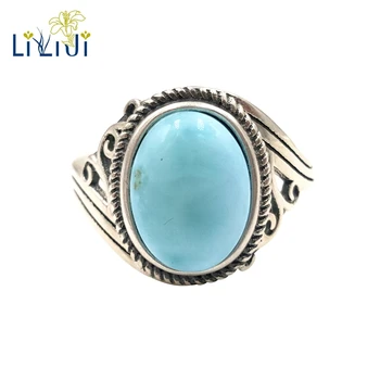 

LiiJi Gemstone Natural Caribbean Blue Larimar 925 Sterling Silver Oval Cabochon Shape Vintage Ring Resizable Both Men And Wome