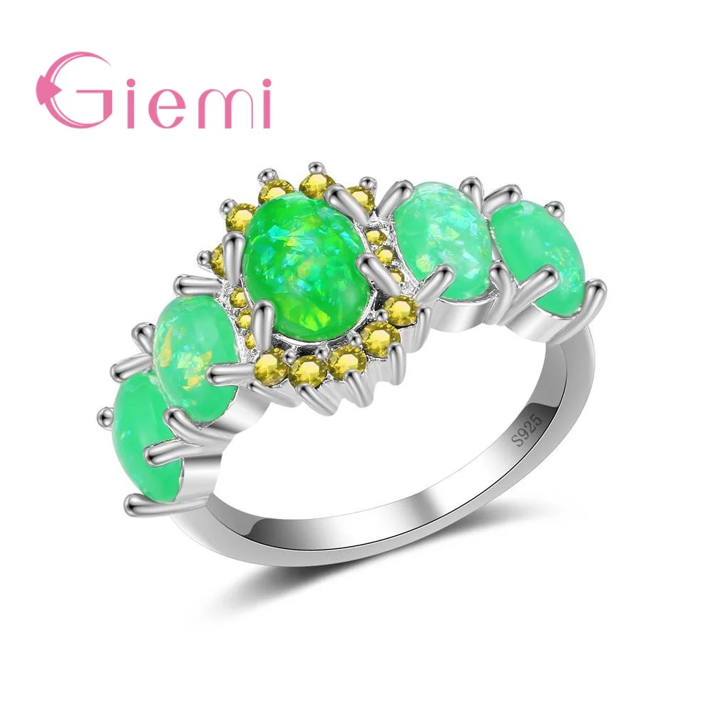 

New Fashion 925 Sterling Silver Geometric Ring With Full Green Opal For Women Girls Party Engagement Jewelry