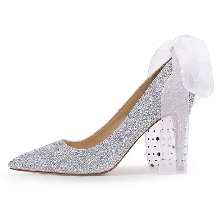 

New wedding shoes female high-heeled pointed stiletto bridal shoes white ribbon wedding crystal shoes rhinestone single shoes