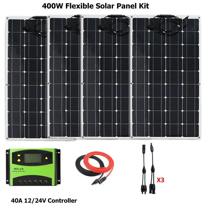 

COMPLETE KIT 400W Solar Panel Cells Flexible Solar Cell off grid+40A LCD solar controller+solar cable +MC4 Connector