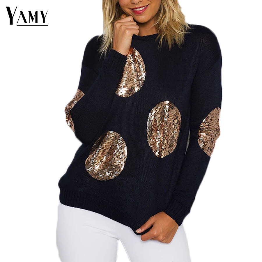

Christmas sweater gold sequined dot Sweater women long sleeve knitted Pullovers casual Jumpers winter Sweaters women oversized