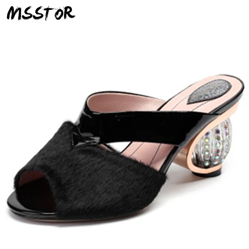 

MSSTOR Peep Toe High Heels Plus Size 34-43 Strange Style Horsehair Fashion Red Black Summer Shoes Crystal Heel Slippers Woman