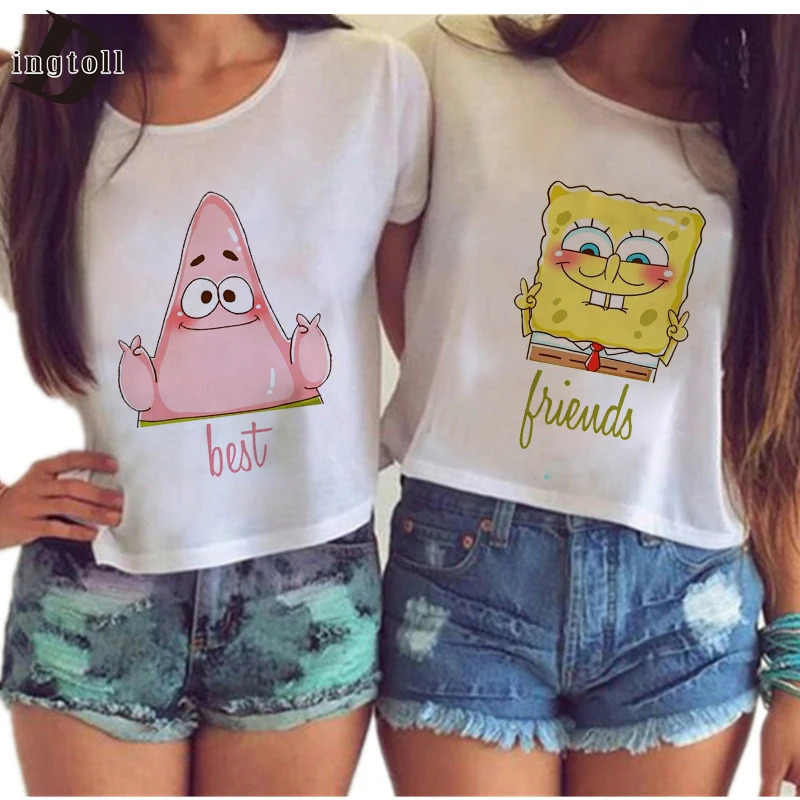 Dingtoll Women Harajuku Best Friends Couple Crop Tops Cute Cartoon Sexy