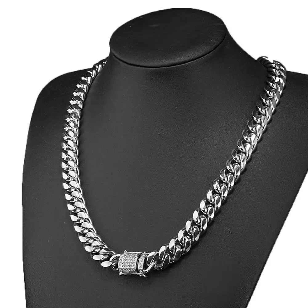 Granny Chic Crystal Clasp Luxury Heavy Stainless Steel Miami Cuban Link ...