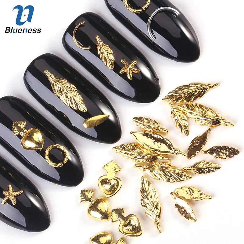 

Blueness 20Pcs/lot 3D Metal Copper Gold Feather Heat Design Nails Art Decorations Rhinestones Studs Accessories For Manicure