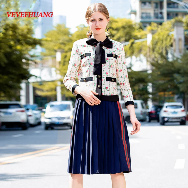 Cheap VEVEFHUANG New Fashion High Quality Autumn Two-piece Suits Long Sleeve Bow Floral Print Jacket+Pleated Half Skirt Women's Sets